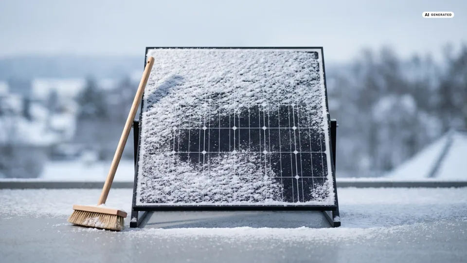 Ein Solarmodul am Balkon wird mit einer weichen Bürste gereinigt, im Hintergrund Schnee — Sinnbild für Reinigung, Wartung und Winterbetrieb eines Balkonkraftwerks.