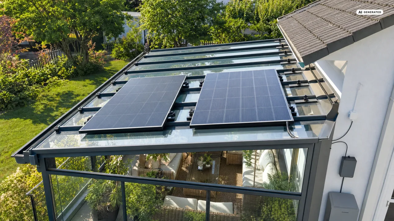 Ein Balkonkraftwerk auf dem Wintergarten: Zwei Solarmodule liegen auf dem Glasdach eines Anbaus, die Halterungsklemmen sitzen an den Aluminiumprofilen zwischen den Glasfeldern.