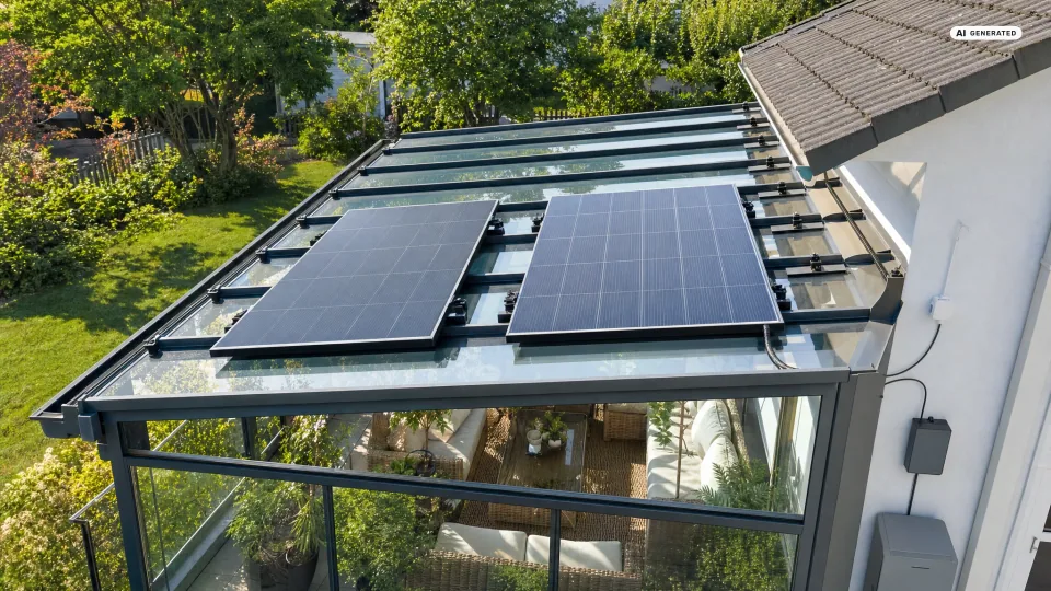 Ein Balkonkraftwerk auf dem Wintergarten: Zwei Solarmodule liegen auf dem Glasdach eines Anbaus, die Halterungsklemmen sitzen an den Aluminiumprofilen zwischen den Glasfeldern.