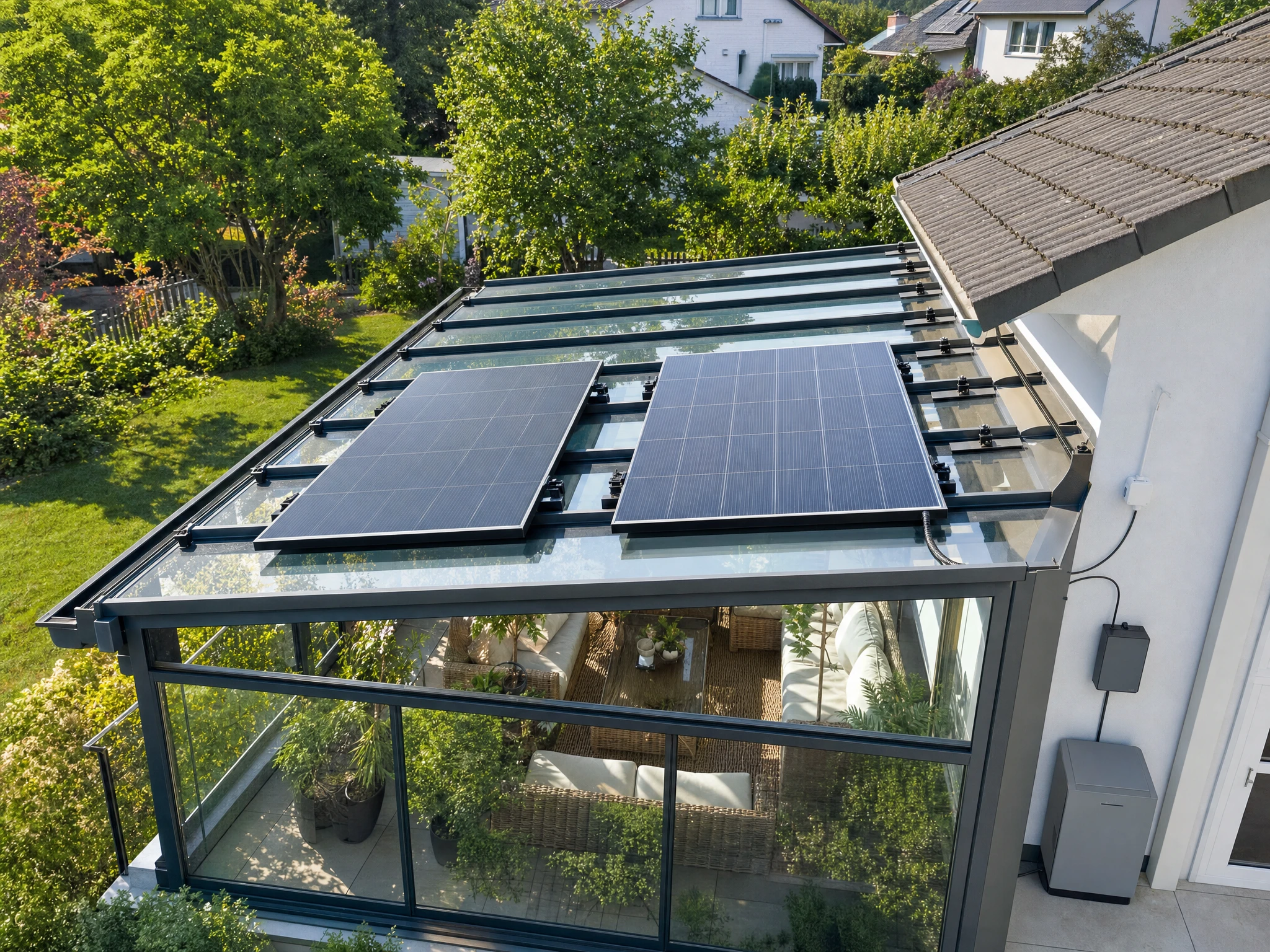Ein Balkonkraftwerk auf dem Wintergarten: Zwei Solarmodule liegen auf dem Glasdach eines Anbaus, die Halterungsklemmen sitzen an den Aluminiumprofilen zwischen den Glasfeldern.