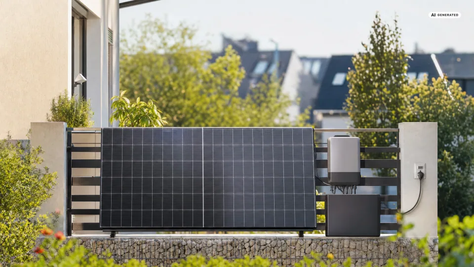 Ein Balkonkraftwerk am Zaun: Ein Solarmodul ist senkrecht an einem Gartenzaun montiert, daneben hängen Wechselrichter und Speicher an der Mauer.