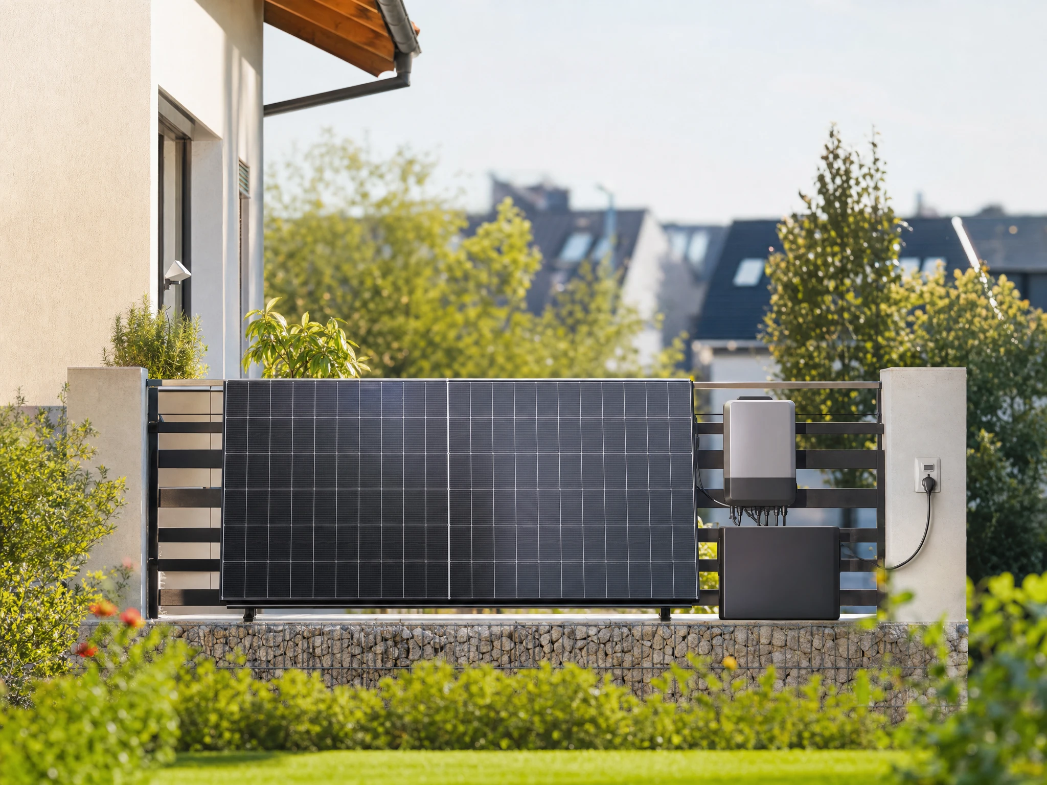 Ein Balkonkraftwerk am Zaun: Ein Solarmodul ist senkrecht an einem Gartenzaun montiert, daneben hängen Wechselrichter und Speicher an der Mauer.