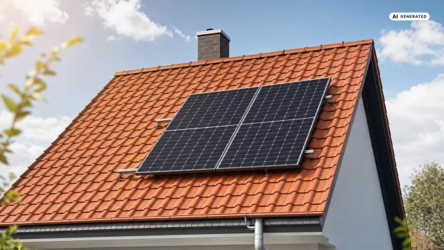 Zwei Solarmodule liegen auf Montageschienen über den roten Dachpfannen eines Wohnhauses — ein Balkonkraftwerk auf dem Ziegeldach statt am Balkongeländer.