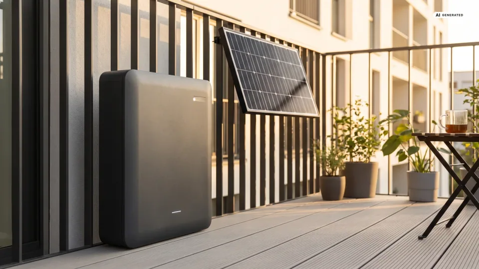 Ein moderner dunkelgrauer Balkonspeicher steht auf einem sonnigen Balkon, dahinter ein kleines Solarmodul am Geländer — Symbolbild zum Balkonspeicher-Verbot und den Urteilen 2026.