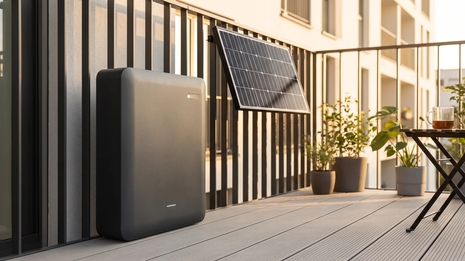 Ein moderner dunkelgrauer Balkonspeicher steht auf einem sonnigen Balkon, dahinter ein kleines Solarmodul am Geländer — Symbolbild zum Balkonspeicher-Verbot und den Urteilen 2026.