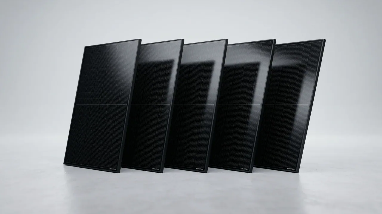Mehrere moderne Glas-Glas-Solarmodule fürs Balkonkraftwerk nebeneinander auf heller Fläche — Sinnbild für die Kaufberatung der besten Module 2026.