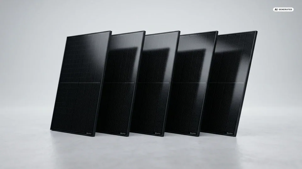 Mehrere moderne Glas-Glas-Solarmodule fürs Balkonkraftwerk nebeneinander auf heller Fläche — Sinnbild für die Kaufberatung der besten Module 2026.