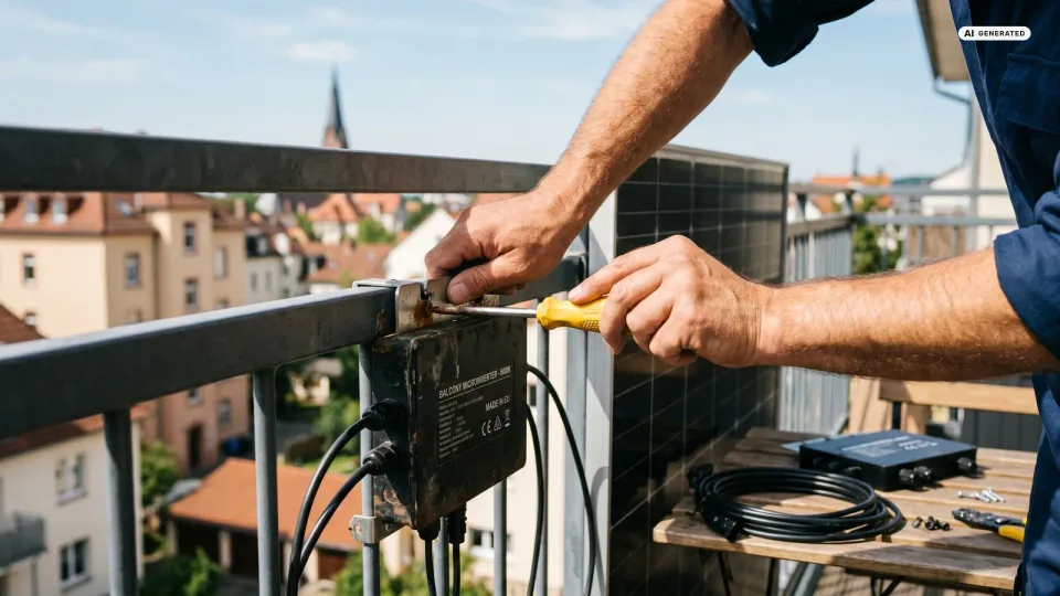 Hände schrauben mit einem gelben Schraubendreher einen alten schwarzen Bosswerk MI600 vom Balkongeländer ab, daneben liegt der neue 800-Watt-Wechselrichter bereit, dahinter ein Solarmodul.