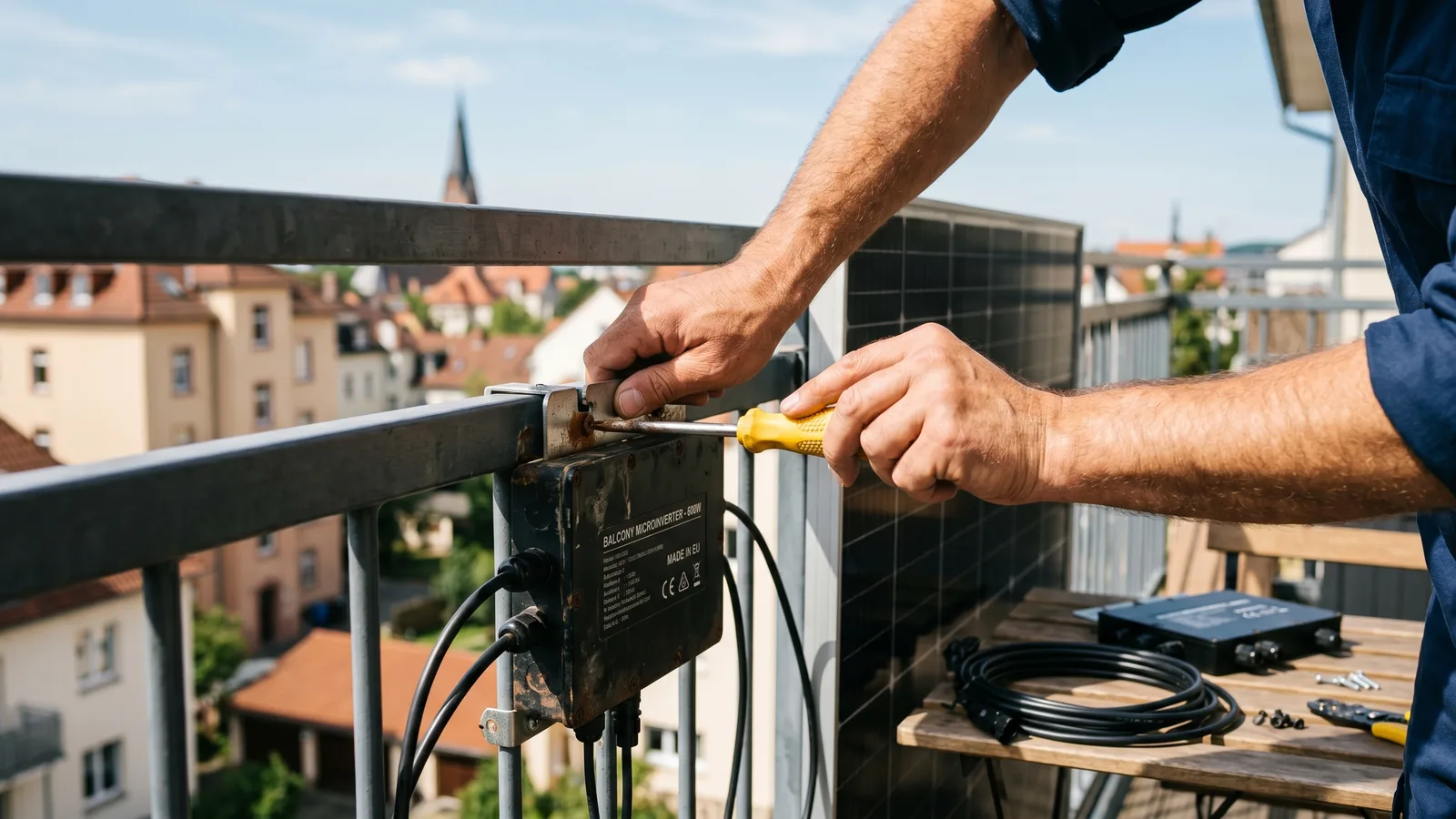 Hände schrauben mit einem gelben Schraubendreher einen alten schwarzen Bosswerk MI600 vom Balkongeländer ab, daneben liegt der neue 800-Watt-Wechselrichter bereit, dahinter ein Solarmodul.
