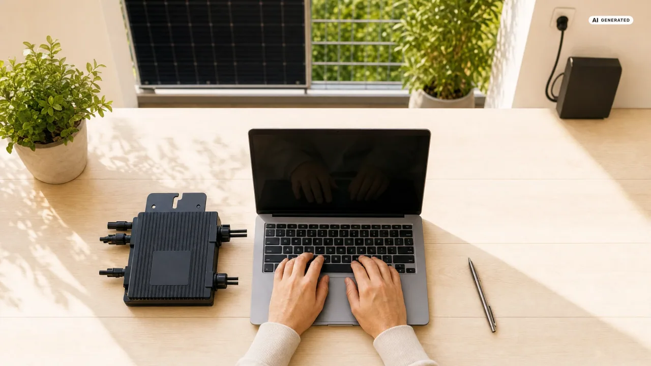 Draufsicht auf einen Schreibtisch: Hände tippen auf der Laptop-Tastatur, daneben liegt ein Mikrowechselrichter mit Typenschild — die Gerätedaten für die MaStR-Anmeldung.
