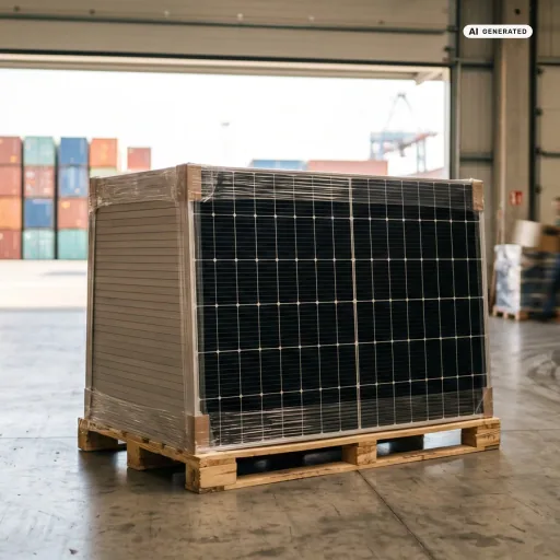 Eine in Folie verpackte Palette neuer schwarzer Solarmodule in einer Lagerhalle, im Hintergrund Schiffscontainer und ein Hafenkran — Sinnbild für die Balkonkraftwerk-Preise 2026 und steigende Modulkosten.