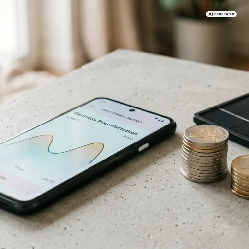 Ein Smartphone zeigt eine geschwungene Strompreis-Kurve über den Tag, daneben Euro-Münzen und ein Solarmodul — Sinnbild für den Vergleich dynamischer Stromtarife.