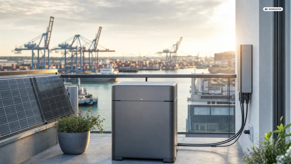 Ein dunkelgrauer Balkonkraftwerk-Speicher steht auf einem Balkon, daneben Solarmodule und ein Wechselrichter an der Wand, im Hintergrund ein Containerhafen mit Kranbrücken im Morgenlicht — Sinnbild für die Frage, wo EcoFlow hergestellt wird.