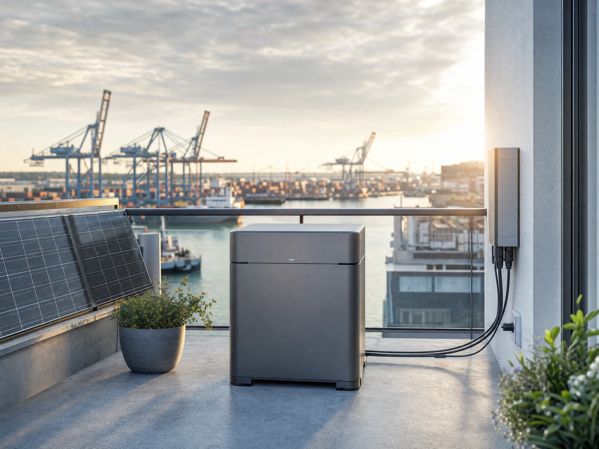 Ein dunkelgrauer Balkonkraftwerk-Speicher steht auf einem Balkon, daneben Solarmodule und ein Wechselrichter an der Wand, im Hintergrund ein Containerhafen mit Kranbrücken im Morgenlicht — Sinnbild für die Frage, wo EcoFlow hergestellt wird.
