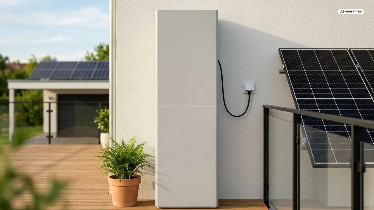 EcoFlow STREAM 5000 als Balkonkraftwerk: ein hoher, hellgrauer Stromspeicher aus zwei gestapelten Blöcken steht an der Hauswand auf einer Holzterrasse, ein Kabel führt zur Außensteckdose, rechts Solarmodule am Glasgeländer, im Hintergrund weitere Module auf einem Garagendach — Sinnbild, kein Produktfoto.