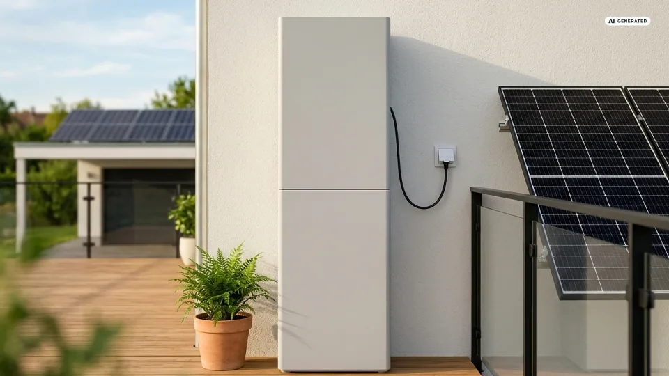 EcoFlow STREAM 5000 als Balkonkraftwerk: ein hoher, hellgrauer Stromspeicher aus zwei gestapelten Blöcken steht an der Hauswand auf einer Holzterrasse, ein Kabel führt zur Außensteckdose, rechts Solarmodule am Glasgeländer, im Hintergrund weitere Module auf einem Garagendach — Sinnbild, kein Produktfoto.