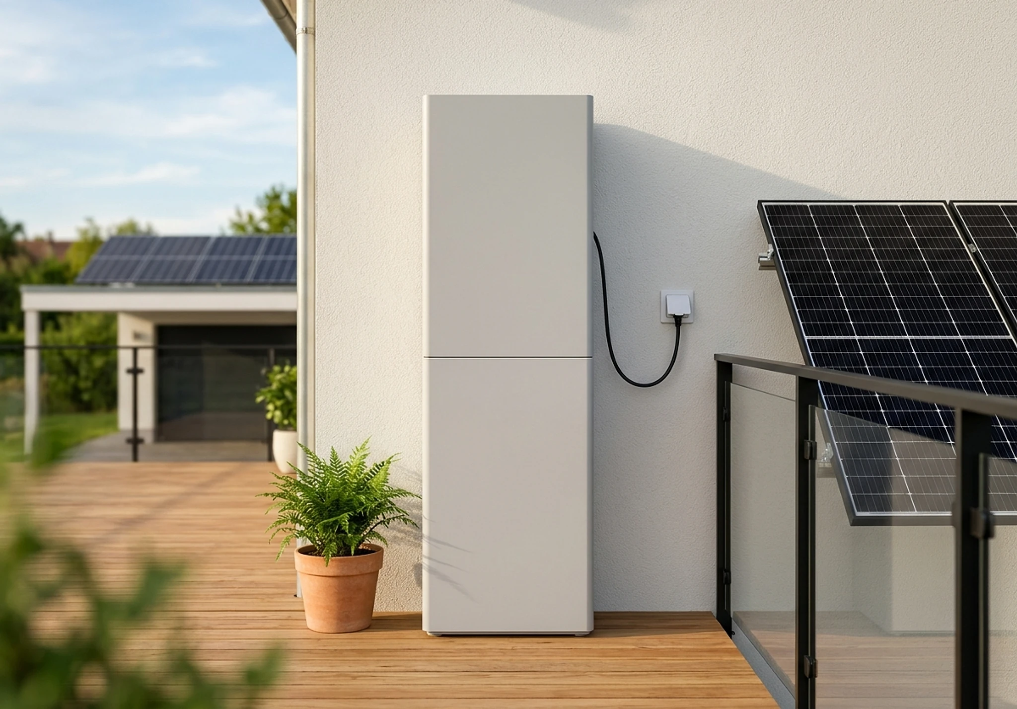 EcoFlow STREAM 5000 als Balkonkraftwerk: ein hoher, hellgrauer Stromspeicher aus zwei gestapelten Blöcken steht an der Hauswand auf einer Holzterrasse, ein Kabel führt zur Außensteckdose, rechts Solarmodule am Glasgeländer, im Hintergrund weitere Module auf einem Garagendach — Sinnbild, kein Produktfoto.