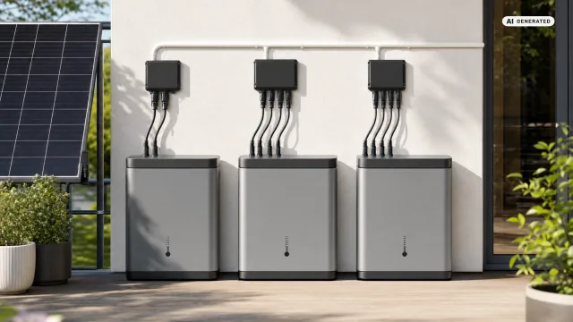 Drei baugleiche EcoFlow-Stream-Speicher nebeneinander auf einer Terrasse, davor unterschiedlich viele Solarkabel als einziger sichtbarer Unterschied.