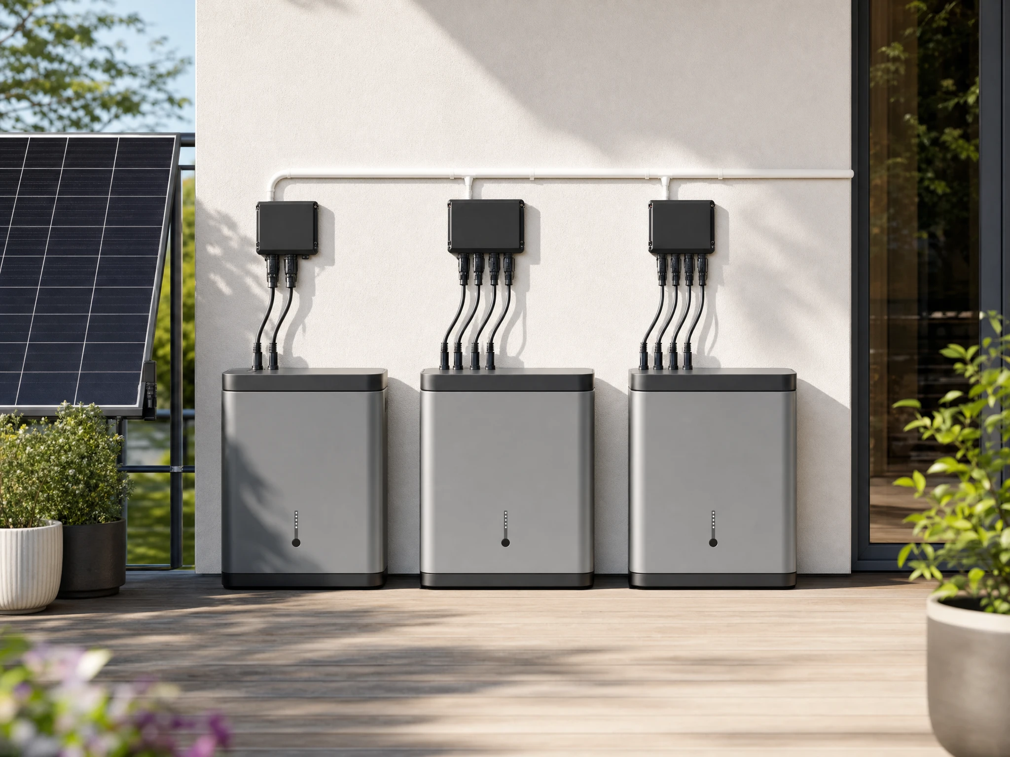 Drei baugleiche EcoFlow-Stream-Speicher nebeneinander auf einer Terrasse, davor unterschiedlich viele Solarkabel als einziger sichtbarer Unterschied.