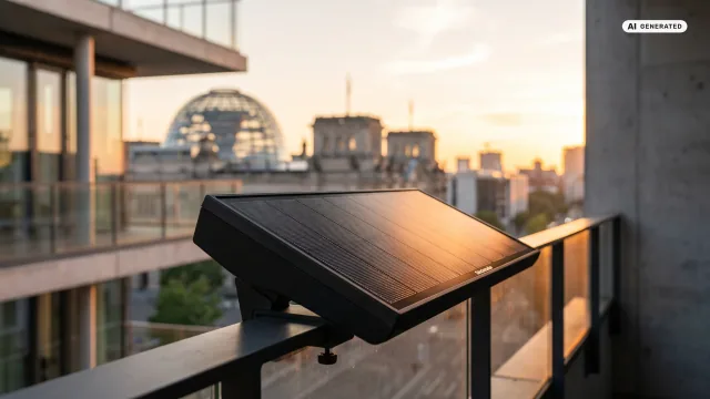 Ein schwarzes Balkonkraftwerk-Solarmodul am Geländer eines modernen Balkons im warmen Abendlicht, im unscharfen Hintergrund die gläserne Reichstagskuppel in Berlin — Symbolbild zur EEG-Reform und Einspeisevergütung 2027.