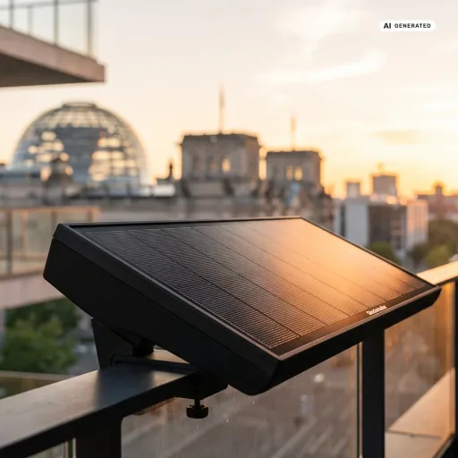 Einspeisevergütung Balkonkraftwerk 2027: Ein schwarzes Solarmodul am Balkongeländer im Abendlicht, im Hintergrund unscharf die Reichstagskuppel in Berlin.