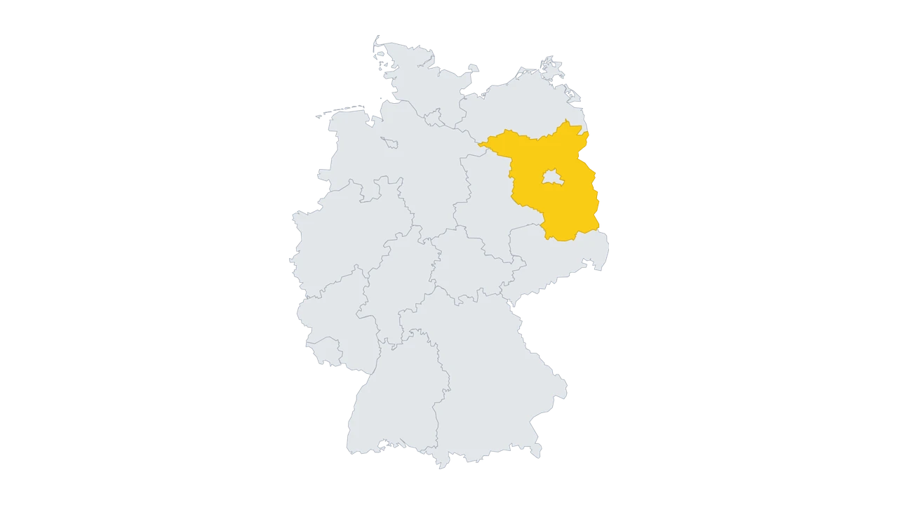 Lage-Karte: Brandenburg in Deutschland gelb hervorgehoben — Balkonkraftwerk-Förderung 2026.