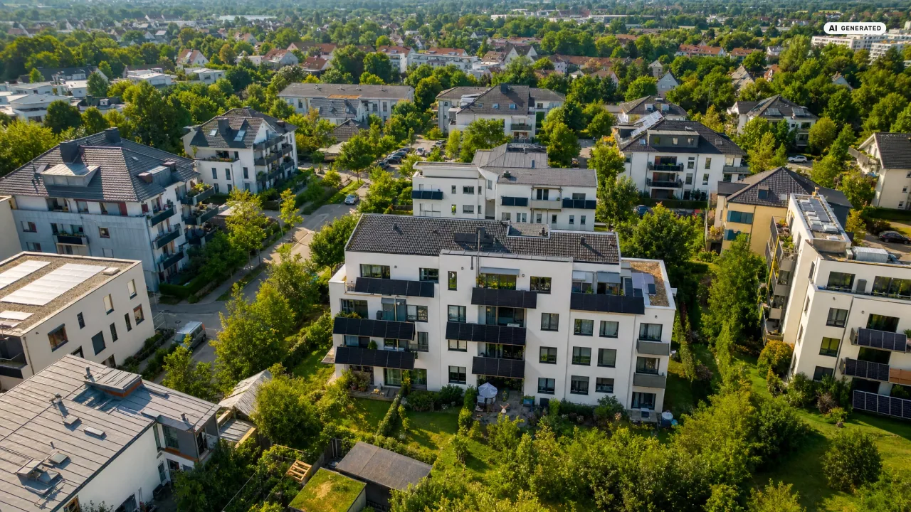 Blick von oben auf eine deutsche Wohnsiedlung, an mehreren Balkonen hängen Solarmodule — Förderung für Balkonkraftwerke in Ländern, Städten und Landkreisen.
