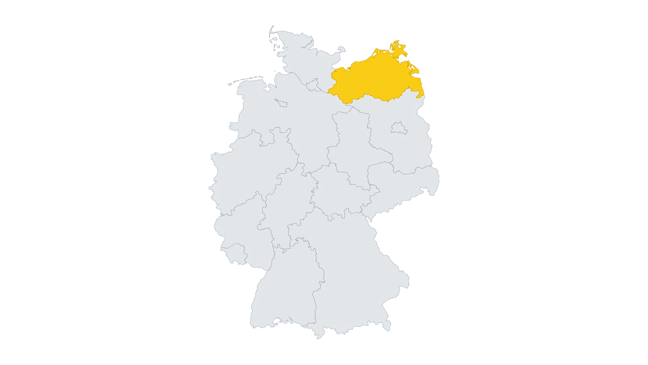 Lage-Karte: Mecklenburg-Vorpommern in Deutschland gelb hervorgehoben — Balkonkraftwerk-Förderung 2026.