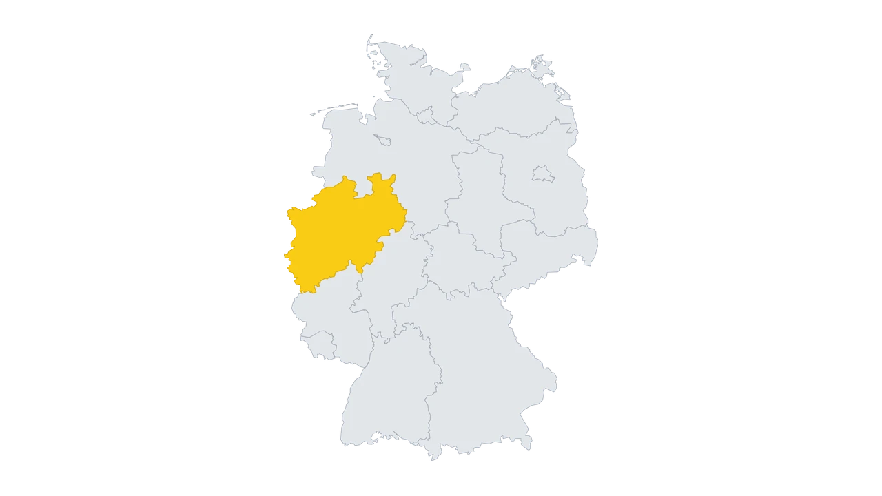 Lage-Karte: Nordrhein-Westfalen in Deutschland gelb hervorgehoben — Balkonkraftwerk-Förderung 2026.