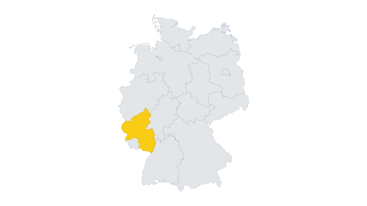 Lage-Karte: Rheinland-Pfalz in Deutschland gelb hervorgehoben — Balkonkraftwerk-Förderung 2026.