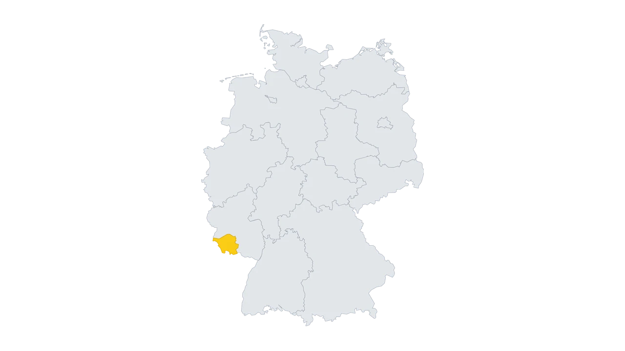 Lage-Karte: Saarland in Deutschland gelb hervorgehoben — Balkonkraftwerk-Förderung 2026.