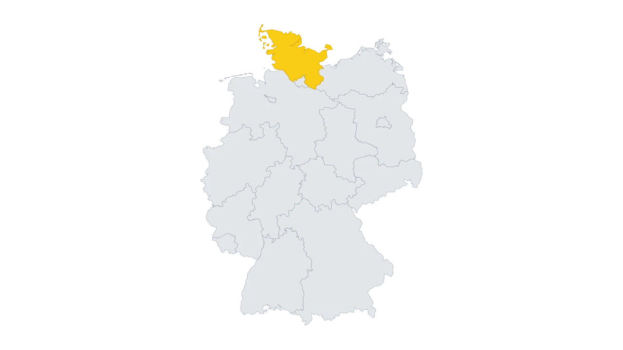 Lage-Karte: Schleswig-Holstein in Deutschland gelb hervorgehoben — Balkonkraftwerk-Förderung 2026.