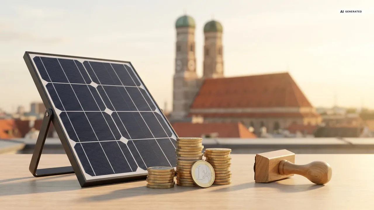 Solarmodul mit Euro-Münzen — Balkonkraftwerk-Förderung in München