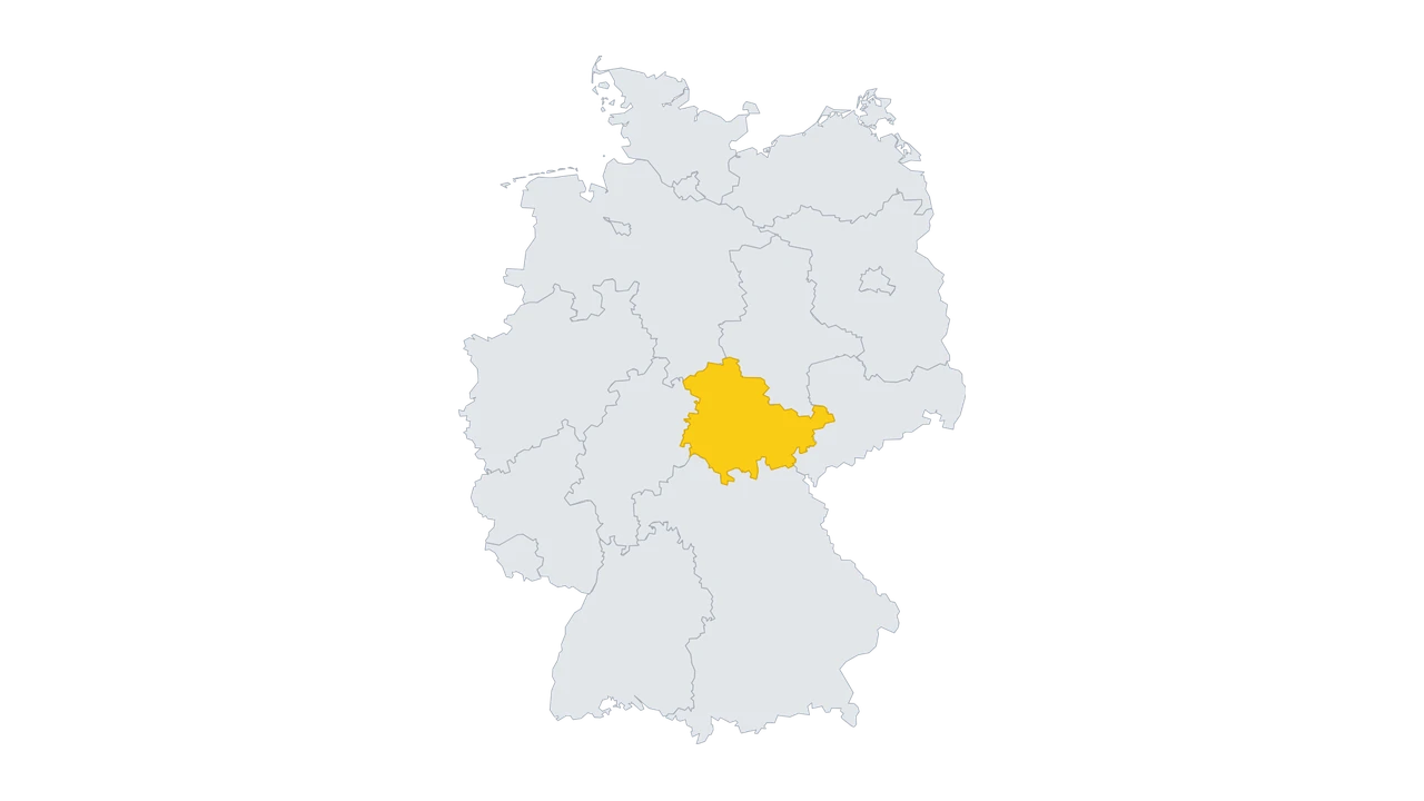 Lage-Karte: Thüringen in Deutschland gelb hervorgehoben — Balkonkraftwerk-Förderung 2026.