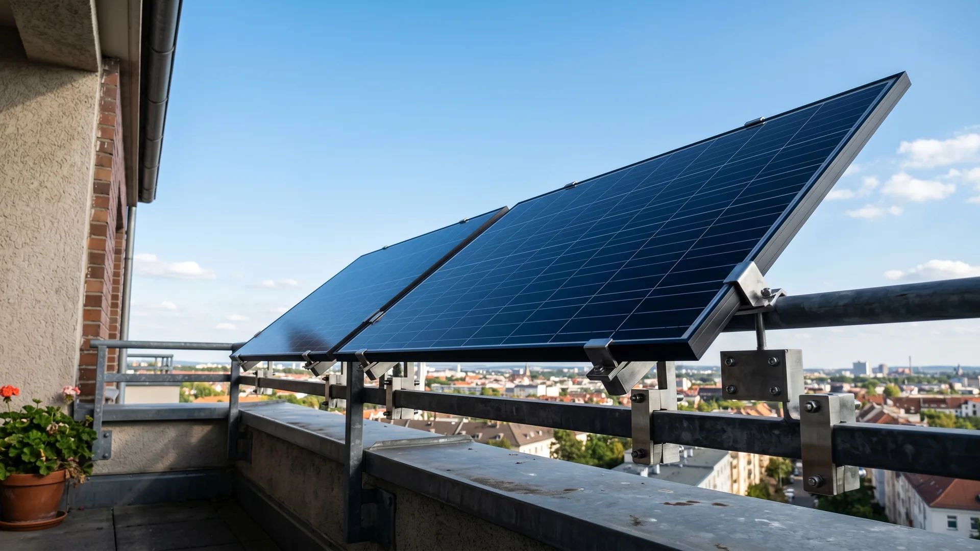 Ein Balkonkraftwerk mit zwei schwarzen Modulen an einem Geländer, fest und windsicher montiert — das GreenSolar-Set.
