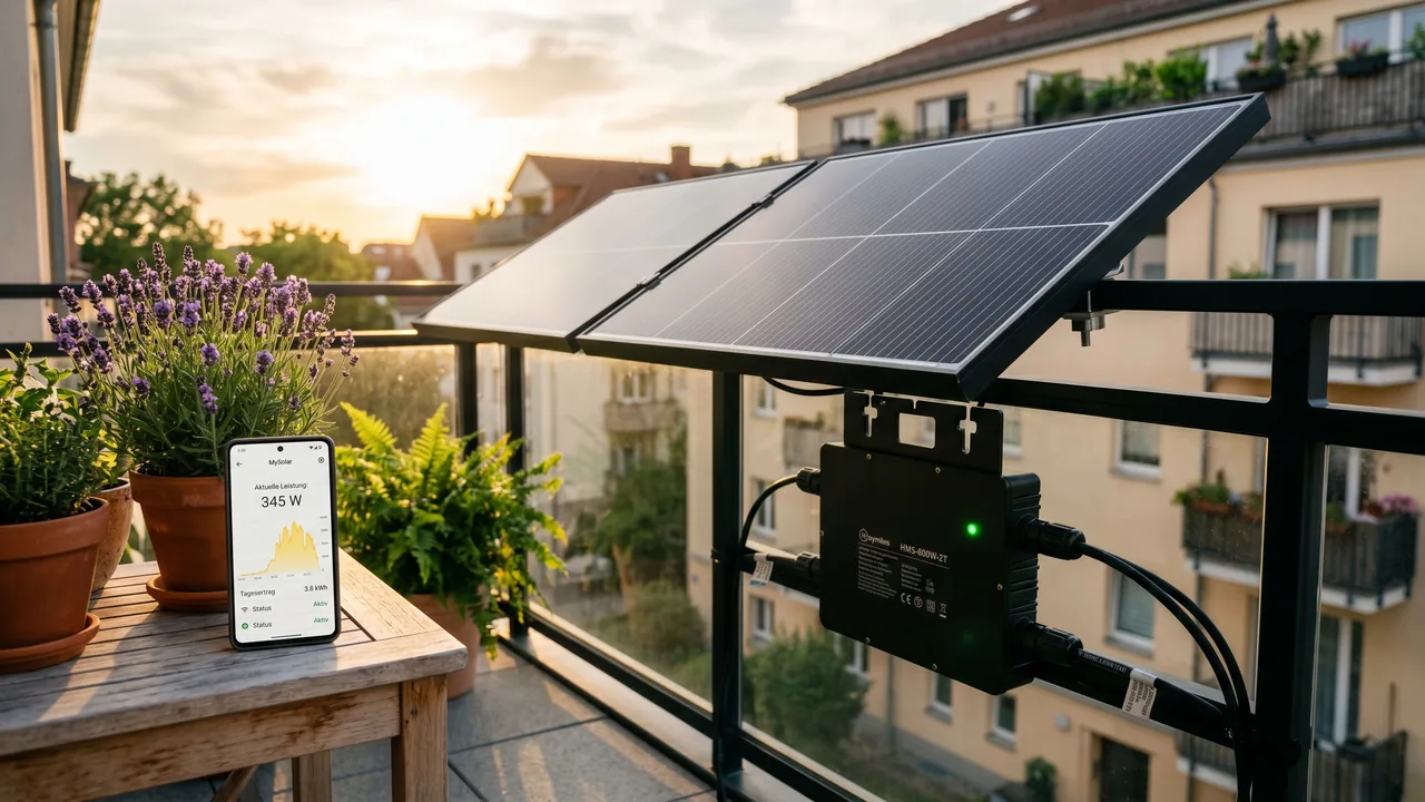 Ein schwarzer Mikrowechselrichter Growatt NEO 800M-X mit zwei angeschlossenen Solarmodulen am Balkongeländer und WLAN-Symbol — Sinnbild für den Daten-Check.
