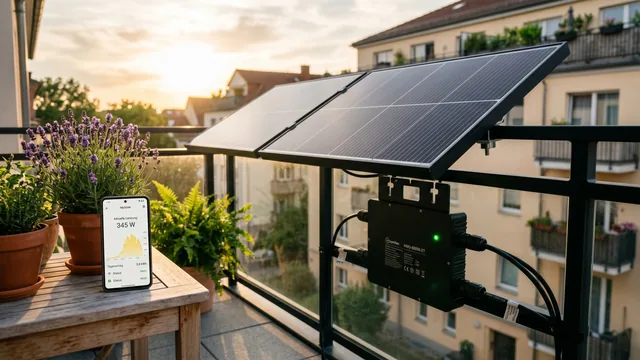 Ein schwarzer Mikrowechselrichter Growatt NEO 800M-X mit zwei angeschlossenen Solarmodulen am Balkongeländer und WLAN-Symbol — Sinnbild für den Daten-Check.