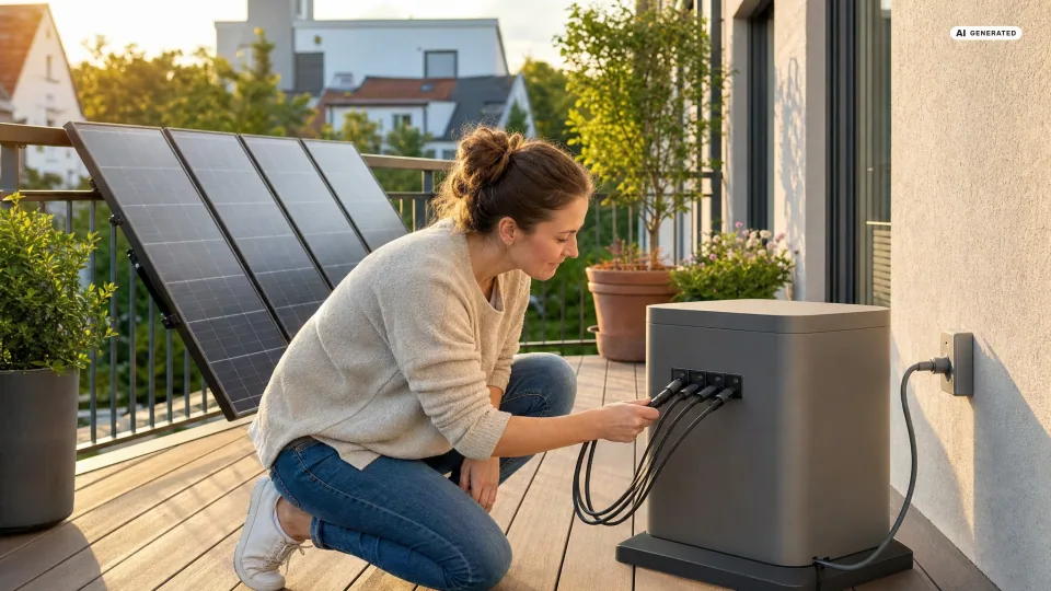 Growatt NEXA 2000 Anschlussplan nachgestellt: Eine Frau steckt vier Solarkabel von vier Modulen am Terrassengeländer in vier Buchsen eines Balkonspeichers