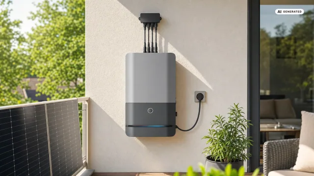 Ein Growatt NEXA 2000 als All-in-one-Balkonspeicher an einer Hauswand, vier Solarkabel führen hinein und ein einzelnes Kabel zur Steckdose.