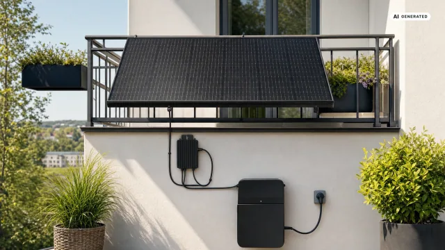 Ein Growatt NOAH 2000 als Balkonspeicher an einer Hauswand unter einem Solarmodul, daneben führt das Anschlusskabel zum Wechselrichter.