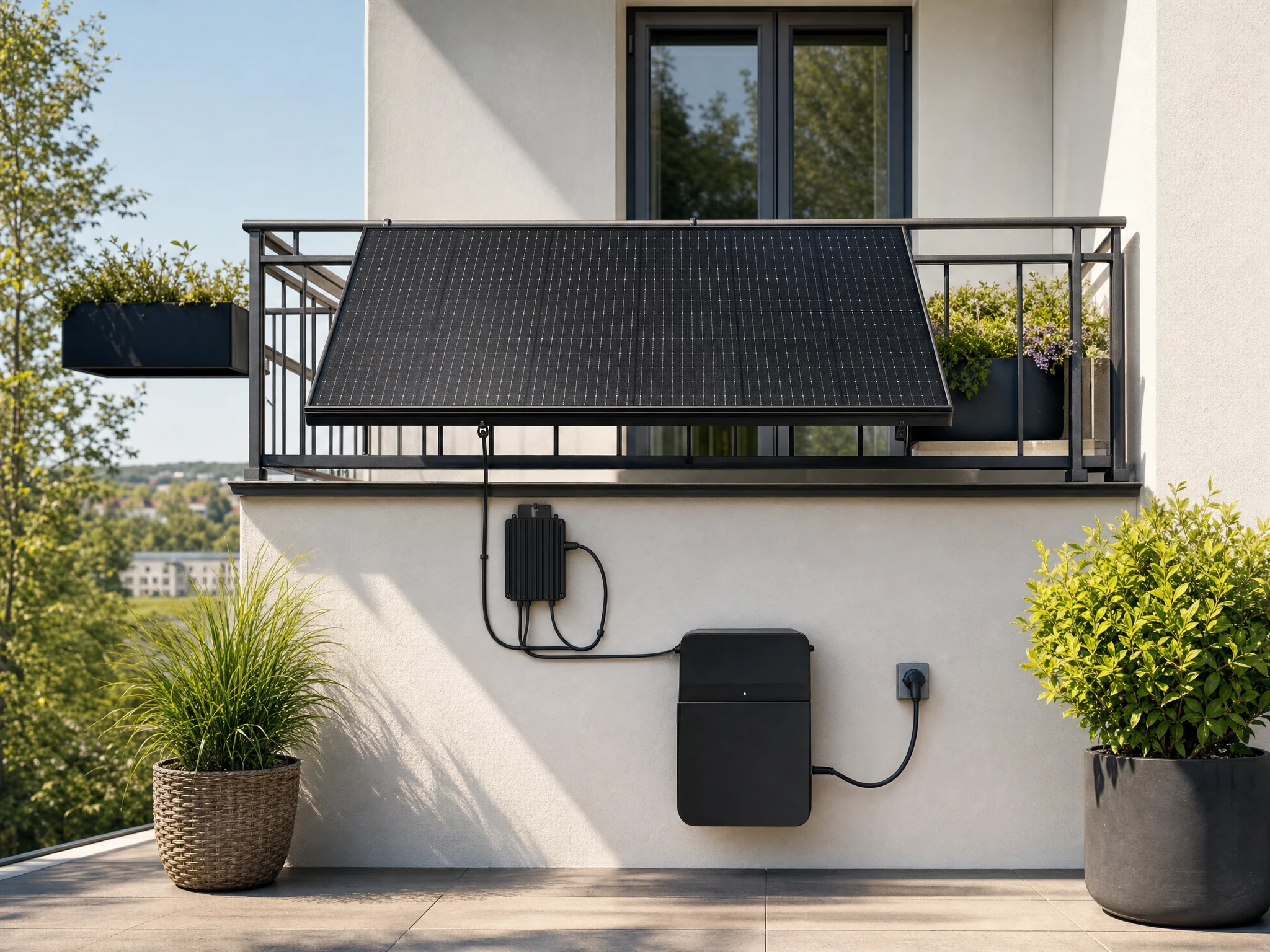 Ein Growatt NOAH 2000 als Balkonspeicher an einer Hauswand unter einem Solarmodul, daneben führt das Anschlusskabel zum Wechselrichter.