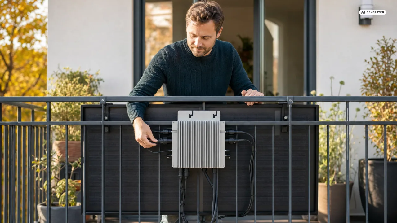 Hoymiles Balkonkraftwerk nachgestellt: Ein Mann prüft die Kabel eines Mikro-Wechselrichters, der an der Rückseite eines Solarmoduls am Balkongeländer sitzt