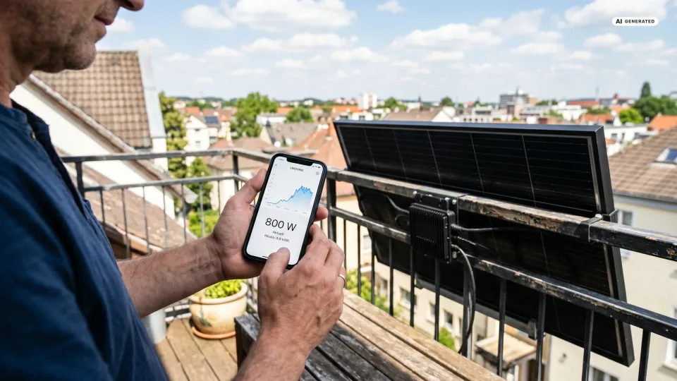 Ein Mann prüft auf einem sonnigen Balkon am Smartphone, ob sich sein Hoymiles HM-600 auf 800 Watt bringen lässt, im Hintergrund ein Solarmodul mit Mikrowechselrichter am Geländer.