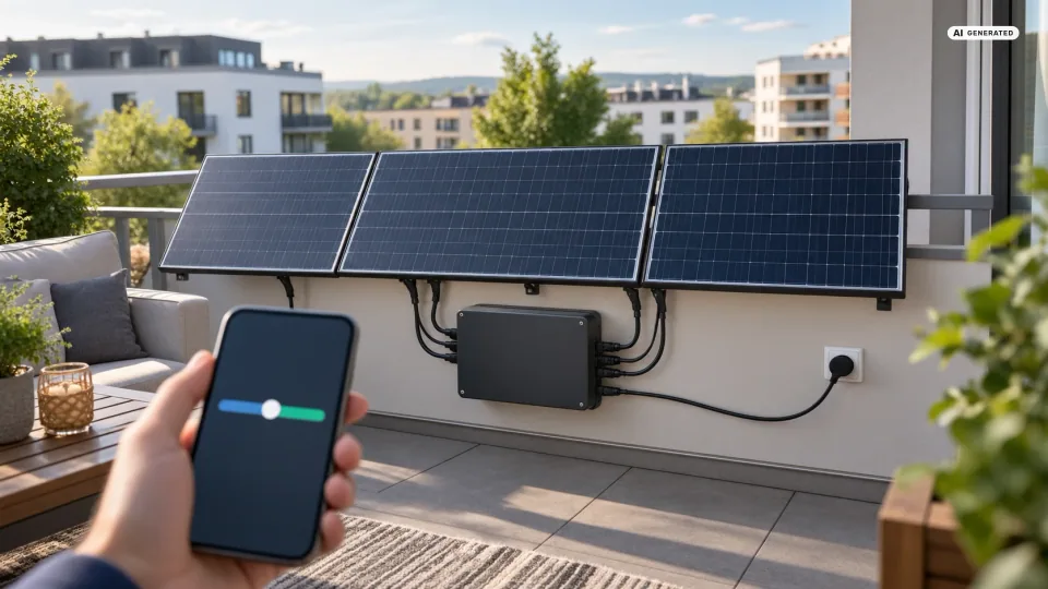 Hoymiles HMS-1600-4T auf 800 Watt drosseln: Drei Solarmodule hängen an der Brüstung einer Dachterrasse, darunter ein flacher schwarzer Mikrowechselrichter mit mehreren Modulkabeln und einem Kabel zur Steckdose. Im Vordergrund zeigt ein Handy einen Schieberegler in Mittelstellung — Sinnbild, kein Produktfoto.