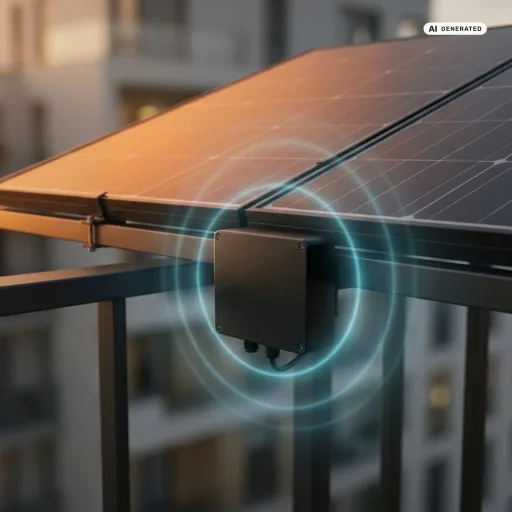 Schwarzer Solar-Mikrowechselrichter unter zwei Modulen an einem Balkongeländer in der Abenddämmerung, aus dem Gerät strahlt ein blauer Funkwellen-Ring — Sinnbild für den drahtlosen Fernzugriff auf Hoymiles-Wechselrichter.