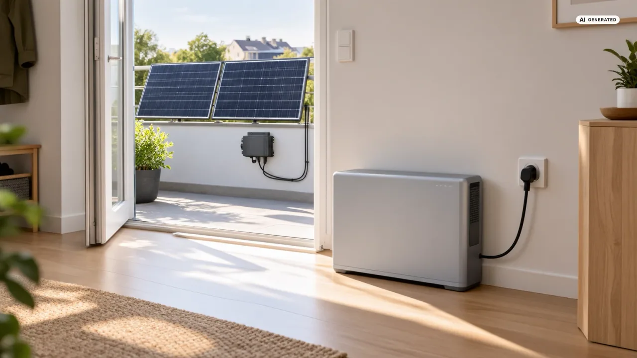 Hoymiles Speicher nachrüsten: In einem hellen Flur steht ein flacher, hellgrauer Batteriespeicher auf dem Boden, sein Kabel steckt in einer Wandsteckdose. Durch die offene Balkontür sieht man zwei Solarmodule am Geländer und einen kleinen Wechselrichter mit eigenem Kabel — Sinnbild, kein Produktfoto.