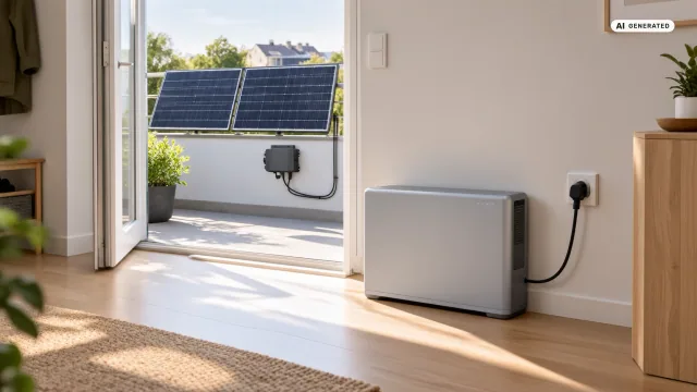 Hoymiles Speicher nachrüsten: In einem hellen Flur steht ein flacher, hellgrauer Batteriespeicher auf dem Boden, sein Kabel steckt in einer Wandsteckdose. Durch die offene Balkontür sieht man zwei Solarmodule am Geländer und einen kleinen Wechselrichter mit eigenem Kabel — Sinnbild, kein Produktfoto.