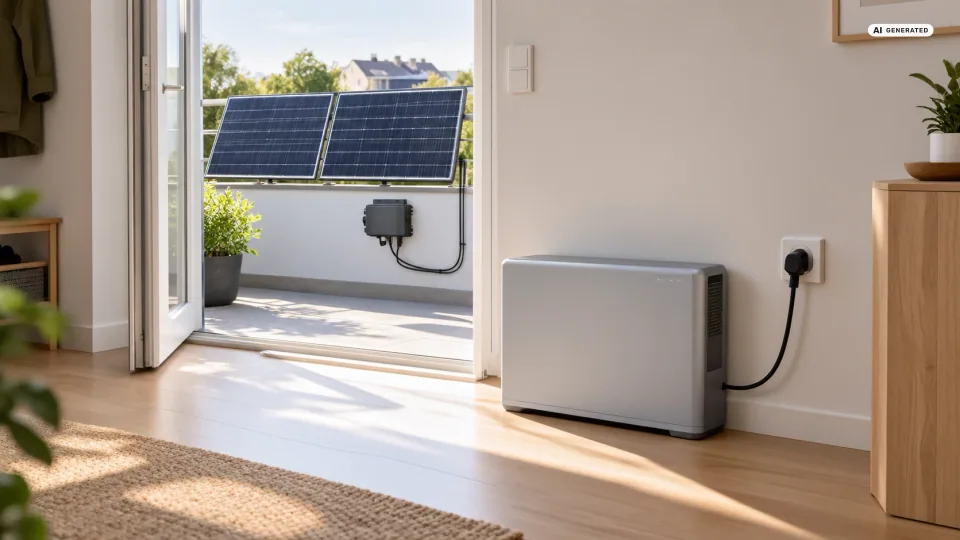 Hoymiles Speicher nachrüsten: In einem hellen Flur steht ein flacher, hellgrauer Batteriespeicher auf dem Boden, sein Kabel steckt in einer Wandsteckdose. Durch die offene Balkontür sieht man zwei Solarmodule am Geländer und einen kleinen Wechselrichter mit eigenem Kabel — Sinnbild, kein Produktfoto.