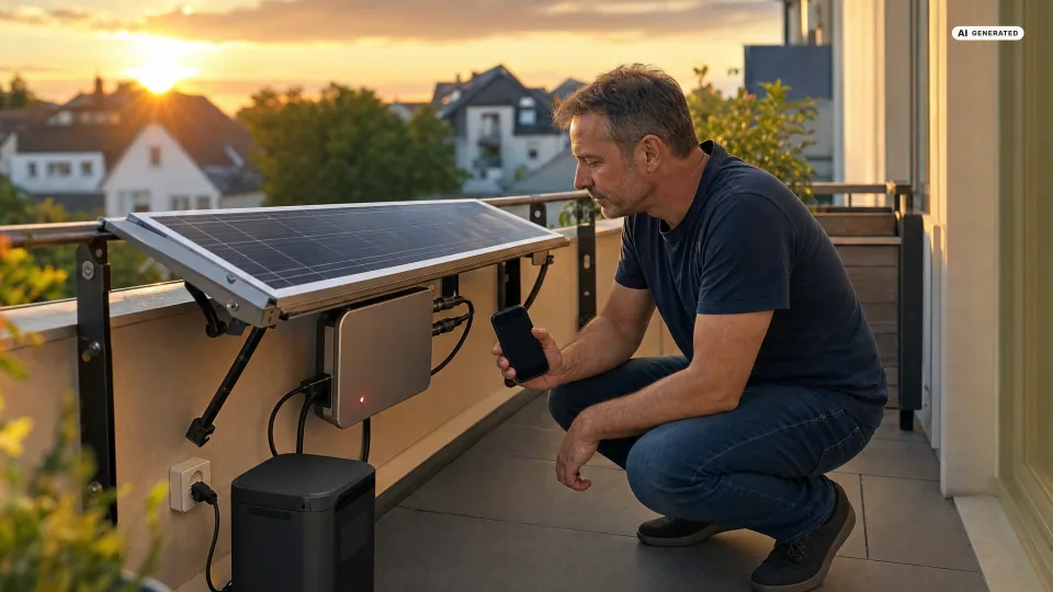 Hoymiles Wechselrichter blinkt rot: Ein Mann hockt mit dem Smartphone in der Hand am Balkongeländer und schaut auf den Mikrowechselrichter unter dem Solarmodul, dessen Status-LED rot leuchtet, dahinter Abendsonne