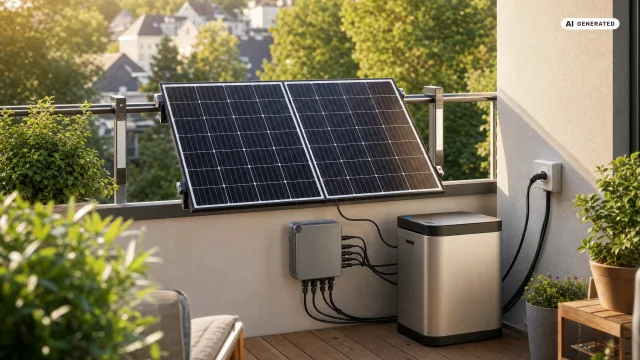 Ein bifaziales Solarmodul in einer schwarzen Aluminium-Halterung an einem Metall-Balkongeländer, dahinter blauer Himmel — Sinnbild für die Kleines Kraftwerk Halterung.
